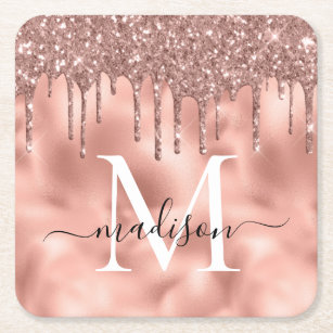 Monogram Metallic Rose Gold Pink Glitter Drips Square Paper Coaster
