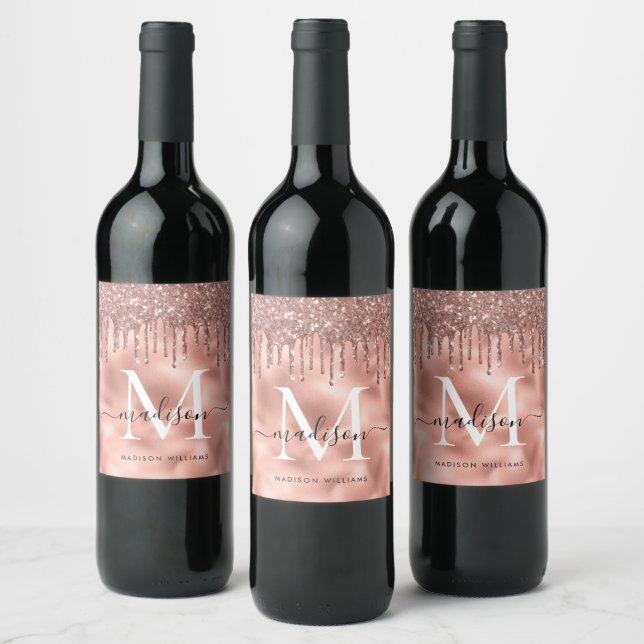 Monogram Metallic Rose Gold Pink Glitter Drips Wine Label (Bottles)