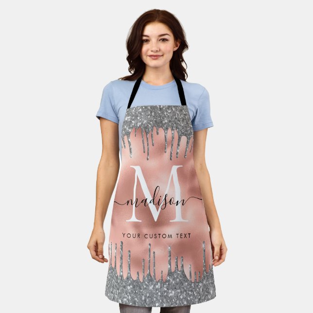 Monogram Metallic Rose Gold Silver Glitter Drips Apron (Worn)