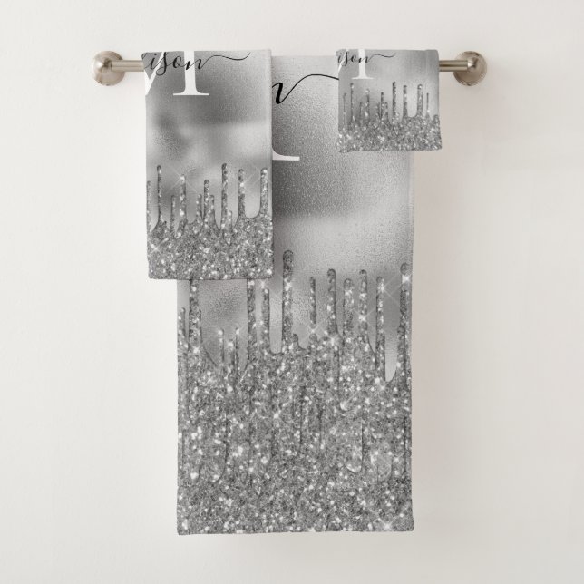  Monogram Metallic Silver Grey Dripping Glitter Bath Towel Set (Insitu)