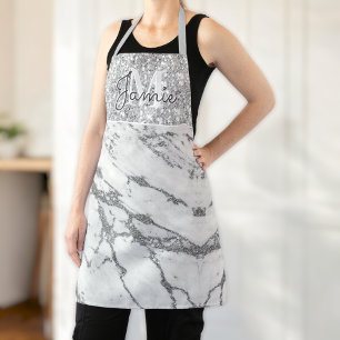 Monogram Metallic Silver Marble & Platinum Glitter Apron