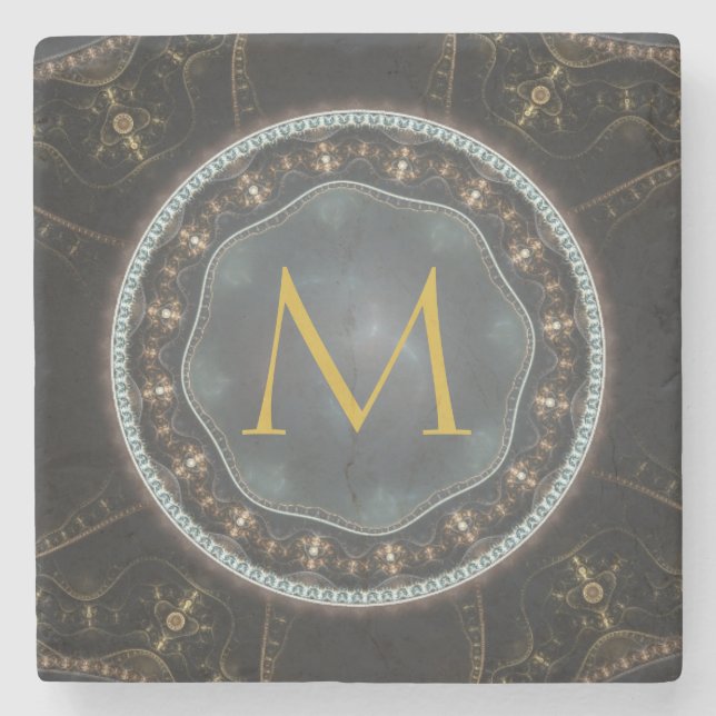 Monogram Metallic Steampunk Circle Stone Coaster (Front)