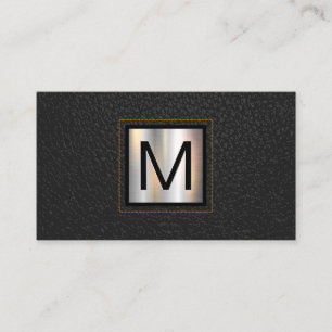 Monogram Metallic Yellow Stitched Black Leather Business Card
