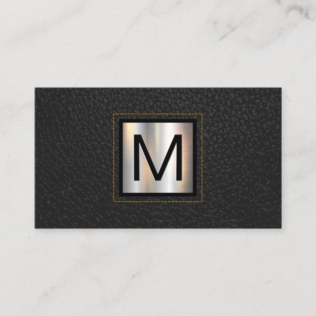 Monogram Metallic | Yellow Stitched Black Leather Business Card (Front)