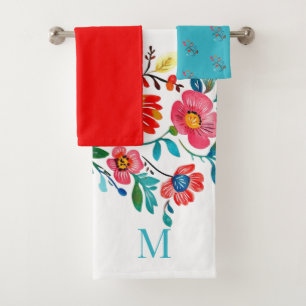 Monogram Mexican Floral Colourful Boho  Bath Towel Set