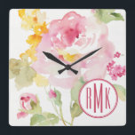 Monogram | Mid July Square Wall Clock<br><div class="desc">Large Pink Rose And Buds On A White Background. Danhui Nai</div>