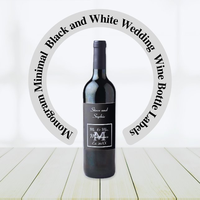 Monogram Minimal | Black and White Wedding Wine Label (Monogrammed Wedding Wine Bottle Label)