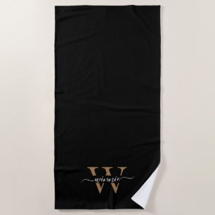 Monogram Minimal Elegant Black Gold Script Name  Beach Towel