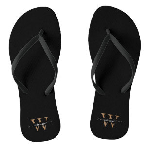 Monogram Minimal Elegant Black Gold Script Name Flip Flops