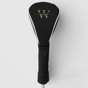 Monogram Minimal Elegant Black Gold Script Name  Golf Head Cover