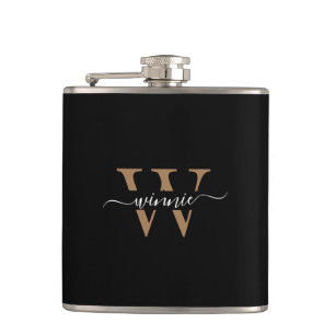 Monogram Minimal Elegant Black Gold Script Name  Hip Flask