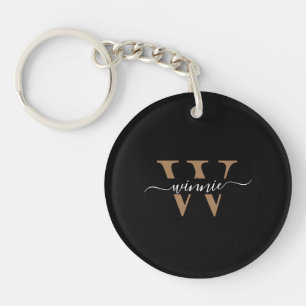 Monogram Minimal Elegant Black Gold Script Name Key Ring