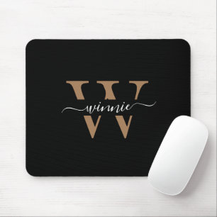 Monogram Minimal Elegant Black Gold Script Name  Mouse Mat