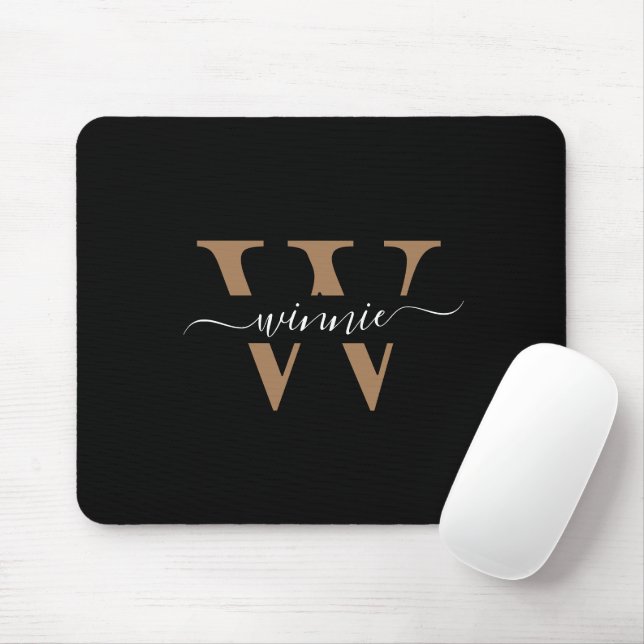 Monogram Minimal Elegant Black Gold Script Name  Mouse Mat (With Mouse)