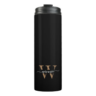 Monogram Minimal Elegant Black Gold Script Name Thermal Tumbler