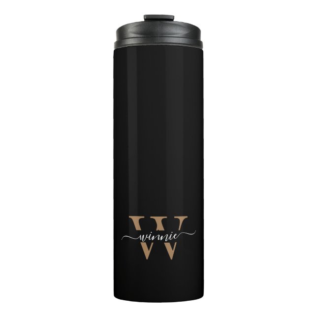 Monogram Minimal Elegant Black Gold Script Name  Thermal Tumbler (Front)