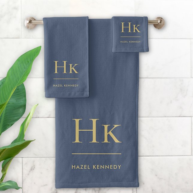 Monogram Minimal Elegant Navy Blue Gold Stylish Bath Towel Set (Creator Uploaded)