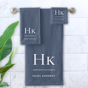 Monogram Minimal Elegant Navy Blue White Stylish Bath Towel Set