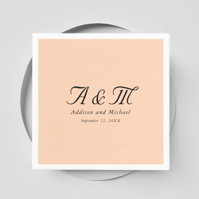 Monogram, Minimal, Elegant, Peach, Wedding Napkin (Monogram, Minimal, Elegant, Peach, Wedding Napkins with your names and date.)