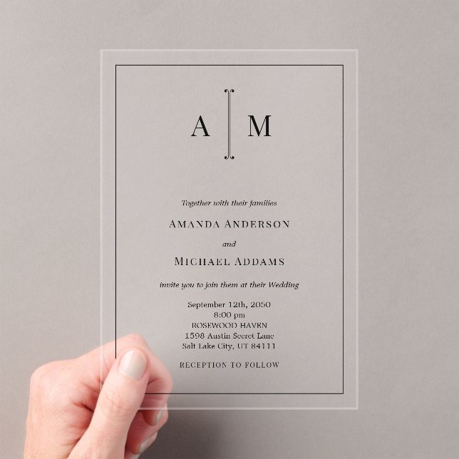  Monogram Minimal Simple Black Border Wedding Acrylic Invitations (Insitu (Handheld))