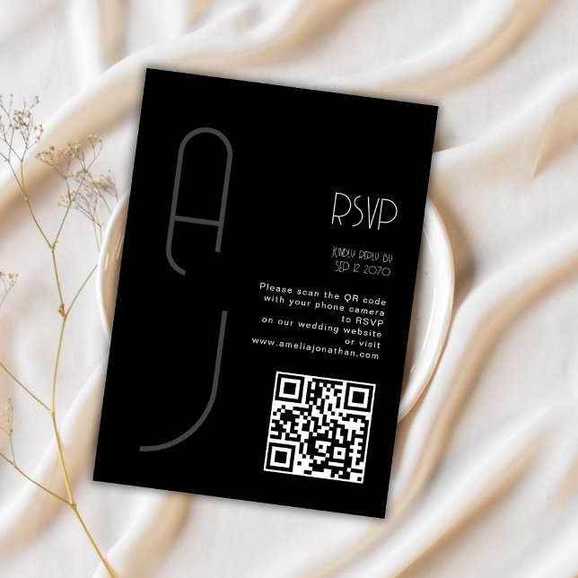 Monogram Minimal Wedding Qr Code Black RSVP  Card (Creator Uploaded)