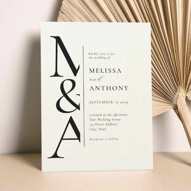 Monogram Minimalist Black and Ecru Modern Wedding Invitation (Creator Uploaded)