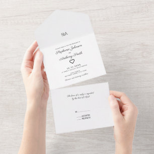 Monogram Minimalist Black and White Heart Wedding All In One Invitation