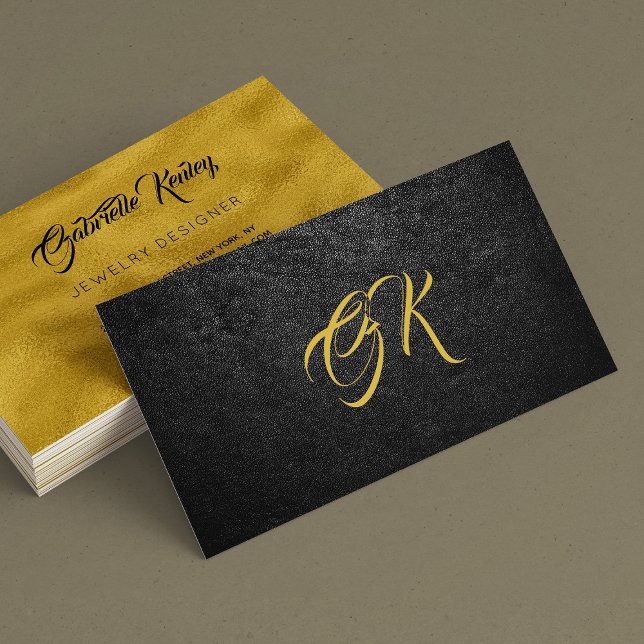 Monogram minimalist black leather gold metal business card (Creator Uploaded)
