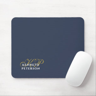 Monogram Minimalist Dusty Navy Blue Gold White Man Mouse Mat