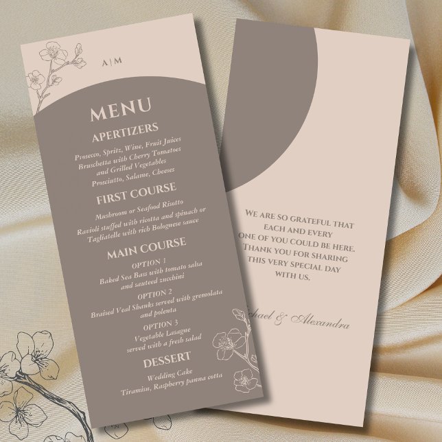 Monogram Minimalist Floral Taupe Japandi Wedding Menu (Creator Uploaded)