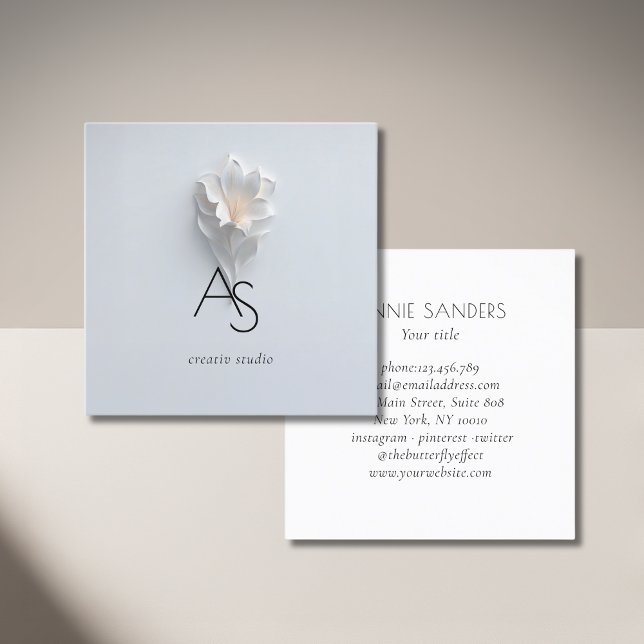 Monogram Minimalist Floral White Blue Square Business Card (Elegant Minimalist Floral White Blue  Square Business Card)