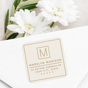 Monogram minimalist ivory coloured return address square sticker