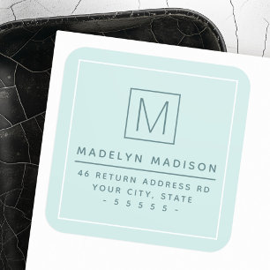 Monogram minimalist light aqua blue return address square sticker