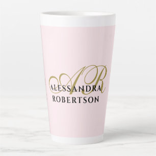Monogram Minimalist Pastel Pink Gold Black Name Latte Mug