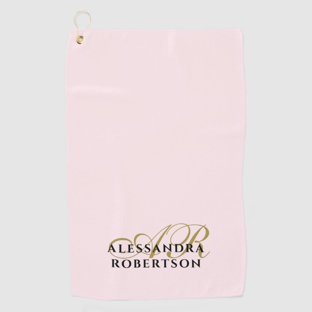 Monogram Minimalist Pastel Pink Gold Black Stylish Golf Towel (Front)