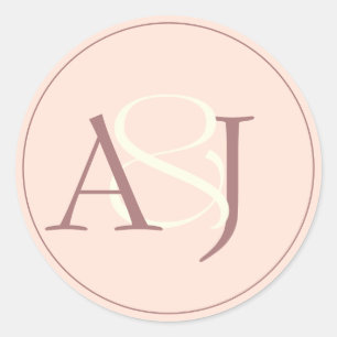 Monogram Minimalist Peachy Pink & Mauve Wedding Classic Round Sticker