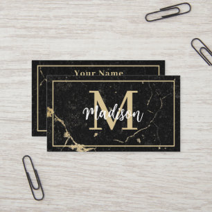Monogram Minimalist Rustic Black Gold Marble Business Card