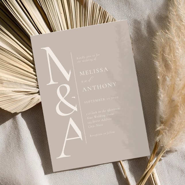 Monogram Minimalist Taupe Beige Modern Wedding Invitation (Creator Uploaded)