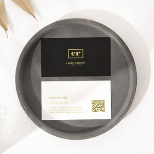 Monogram Minimalistic Black Linen Gold Typography Business Card