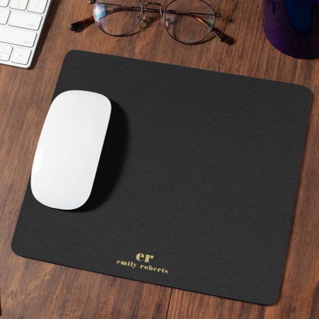 Monogram Minimalistic Black Linen Gold Typography Mouse Mat (Creator Uploaded)