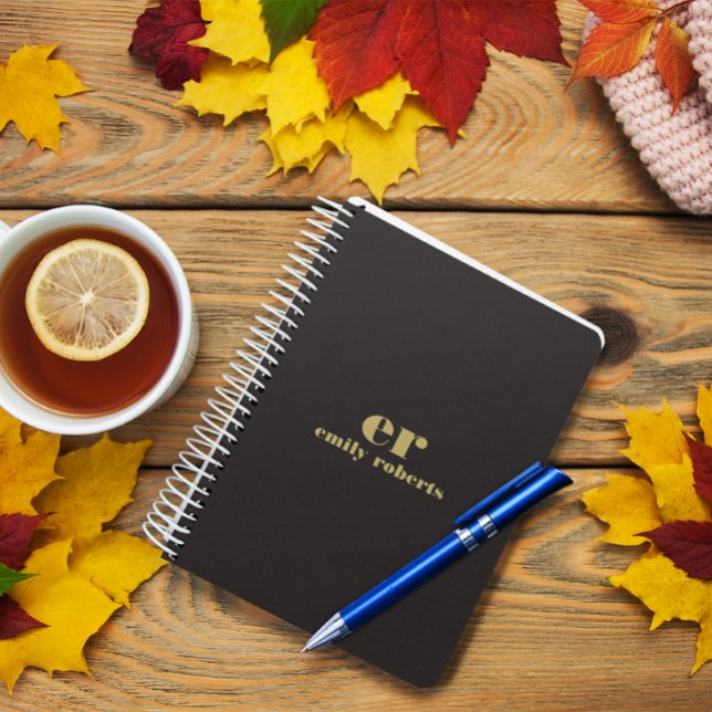 Monogram Minimalistic Black Linen Gold Typography Planner (Creator Uploaded)