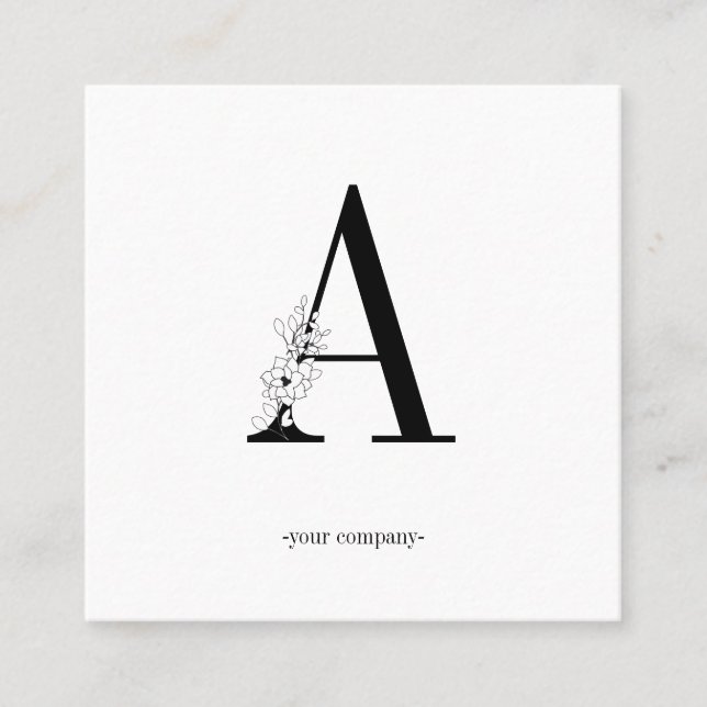 monogram, minimalistic flowers black and white square business card (Front)