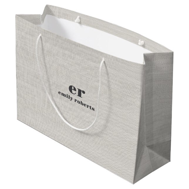 Monogram Minimalistic White Burlap Grey Typography Large Gift Bag (Back Angled)