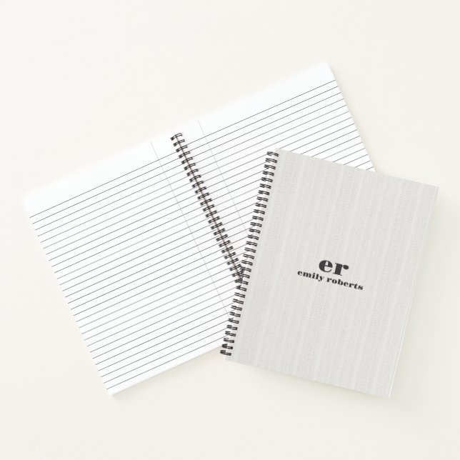 Monogram Minimalistic White Burlap Grey Typography Notebook (Inside)