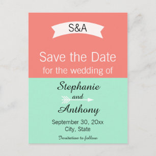 Monogram Mint and Coral Colour Block Save the Date Announcement Postcard