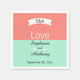 Monogram Mint and Coral Colour Block Wedding Napkin