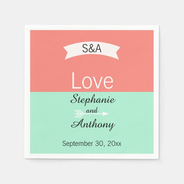 Monogram Mint and Coral Colour Block Wedding Napkin (Front)
