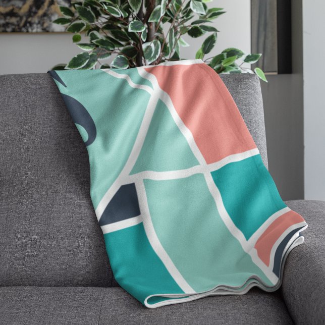 Monogram Mint and Coral Geometric Art Fleece Blanket (Creator Uploaded)