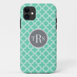 Monogram Mint and Grey Quatrefoil Pattern iPhone 11 Case