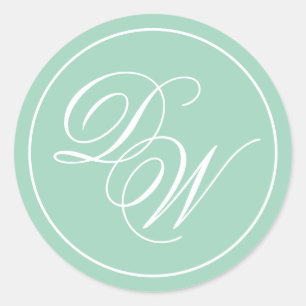 Monogram Mint Green 2 Initials Simple White Script Classic Round Sticker